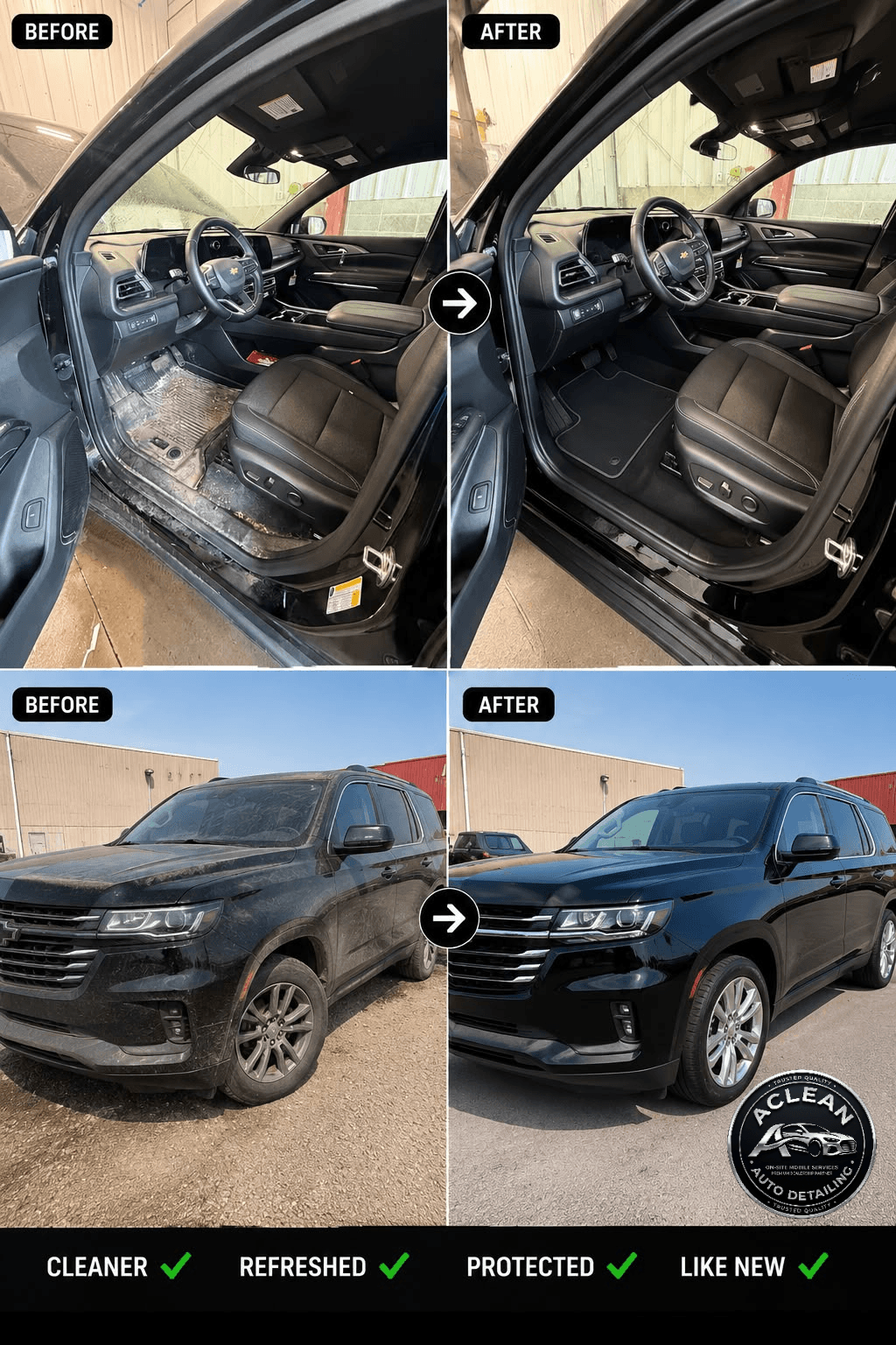 Before and after interior and exterior detail on a black SUV