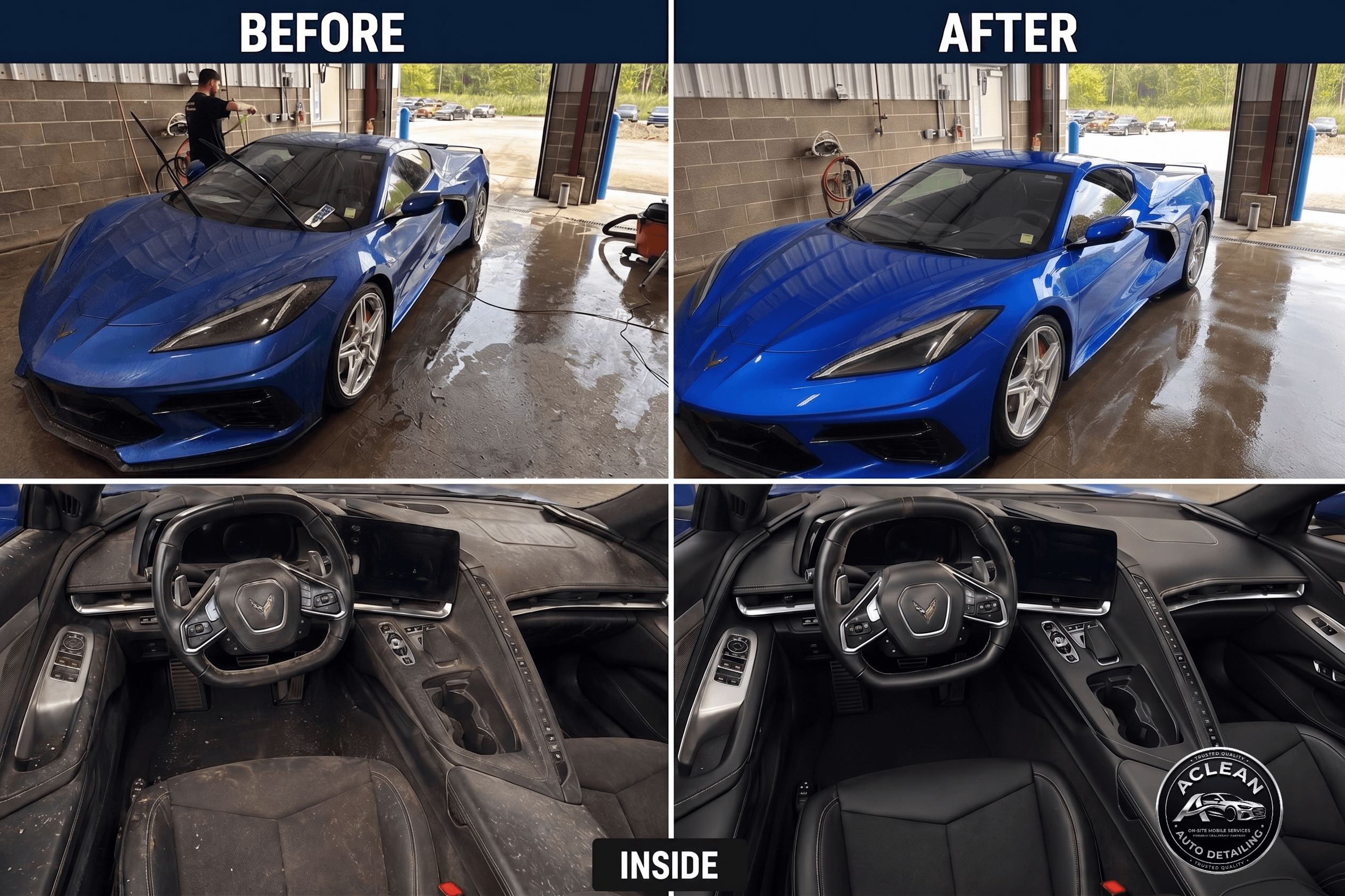 Before and after full detail on a blue sports car, exterior and interior